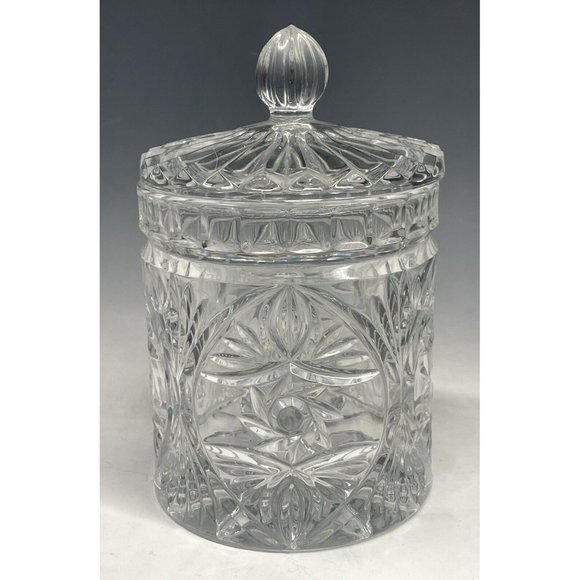 5 5/8" Vintage 20th C. Crystal Lidded Cylindrical Vanity Jar Container Decor - Picture 1 of 11
